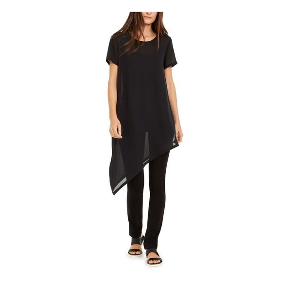 EILEEN FISHER Womens Black Asymmetrical Hem Short Sleeve Evening Tunic Top XXS